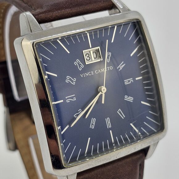 Vince Camuto Men's Watch 38MM Blue Dial Date Brown Leather Bands New Battery - Picture 5 of 15